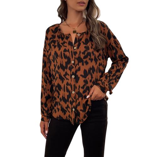 Polyester Women Long Sleeve Shirt & loose printed leopard brown PC