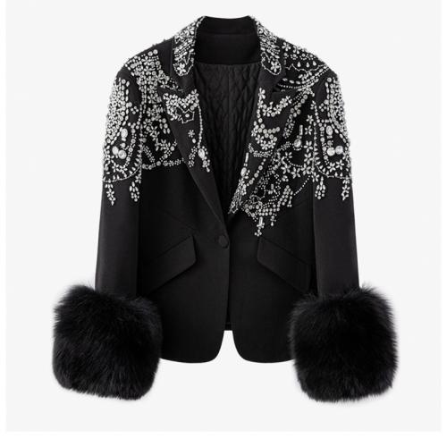 Polyester Women Suit Coat slimming & with rhinestone black PC