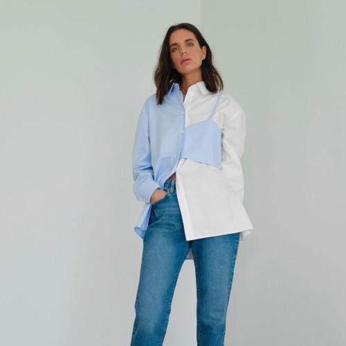 Polyester Women Long Sleeve Shirt & loose patchwork Others two different colored PC