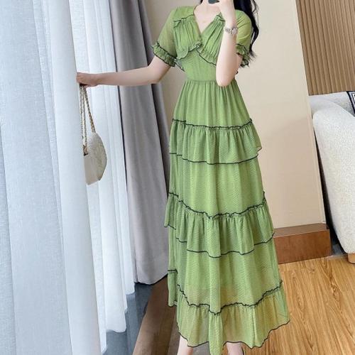 Polyester Slim One-piece Dress green PC