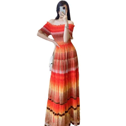 Polyester Slim One-piece Dress & tube striped pink PC