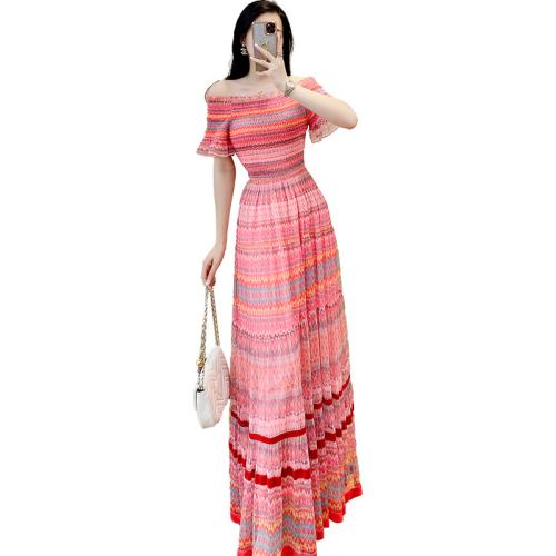 Polyester Slim One-piece Dress striped pink PC