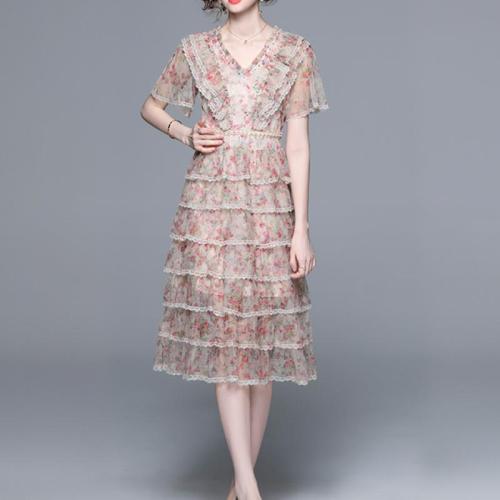 Gauze Waist-controlled & Layered One-piece Dress deep V printed PC