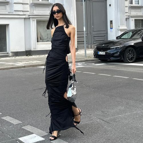 Milchseide Einteiliges Kleid, Dehnbar, Solide, Schwarz, Stück