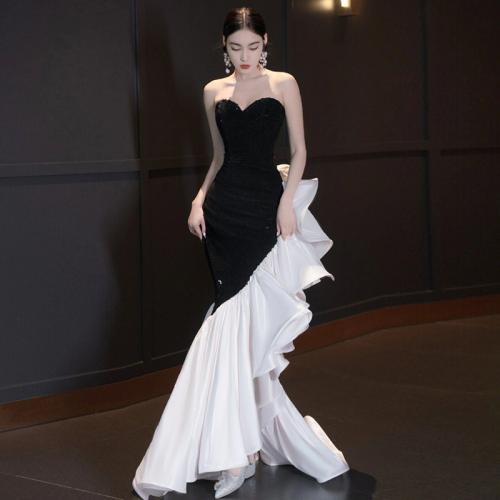 Polyester Long Evening Dress irregular & tube patchwork Solid black PC