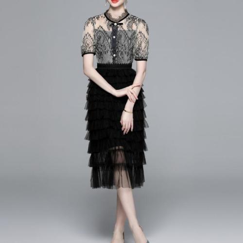 Gauze & Lace Layered & High Waist One-piece Dress black PC