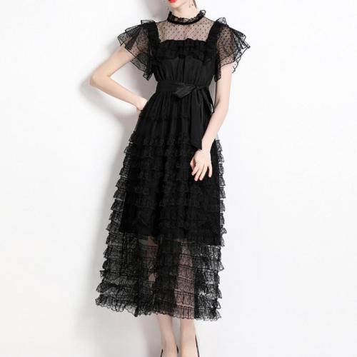 Gaze & Spitze Einteiliges Kleid, Patchwork, Solide, Schwarz, Stück