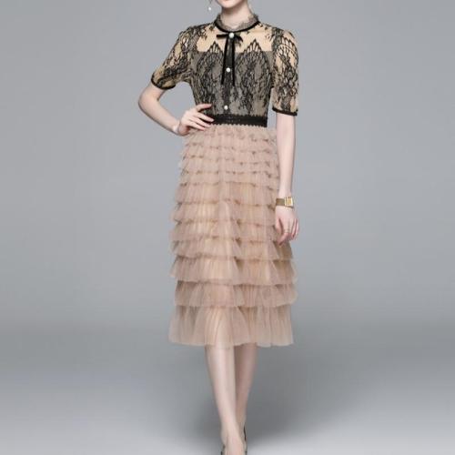 Gauze Waist-controlled & Layered One-piece Dress slimming Apricot PC