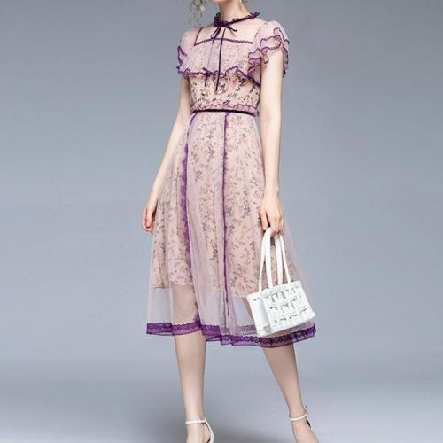 Gauze & Polyester High Waist One-piece Dress patchwork shivering light purple PC