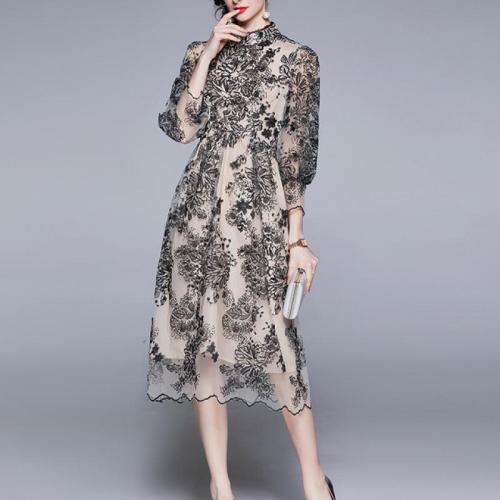 Gauze & Polyester Waist-controlled One-piece Dress embroidered black PC