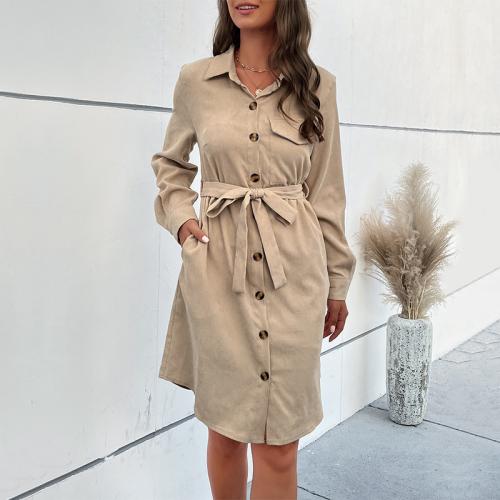 Corduroy Waist-controlled Shirt Dress slimming patchwork Solid Apricot PC
