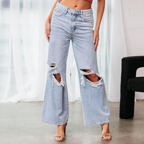 Denim Ripped & Straight & High Waist Women Jeans Solid light blue PC