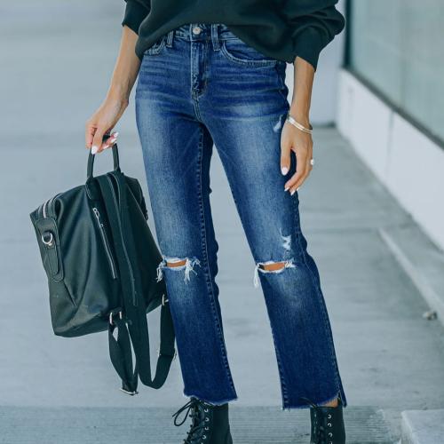 Denim Ripped & High Waist Women Jeans slimming Solid blue PC