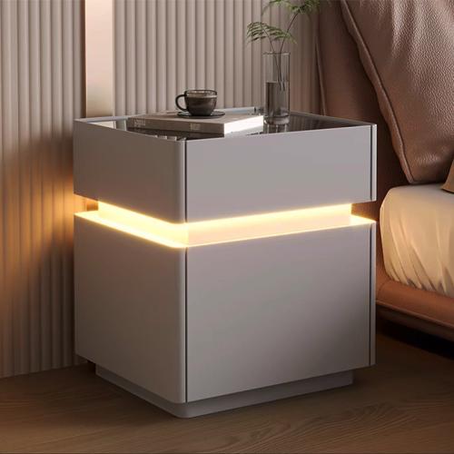 Toughened Glass & Microfiber Leather & Solid Wood Wireless Charger & Adjustable Light Color Bedside Cabinet lighting Solid PC