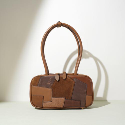 Suede & Goat Skin Leather & Cowhide Boston Bag Handbag Polyester Cotton Colour Matching brown PC