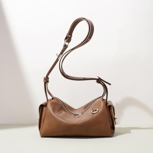 Full Grain Cowhide Leather & Polyester Cotton Pillow Shaped Crossbody Bag soft surface Solid PC