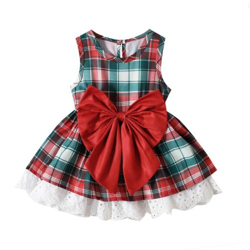 Cotton Christmas costume & Princess Girl One-piece Dress patchwork plaid red PC