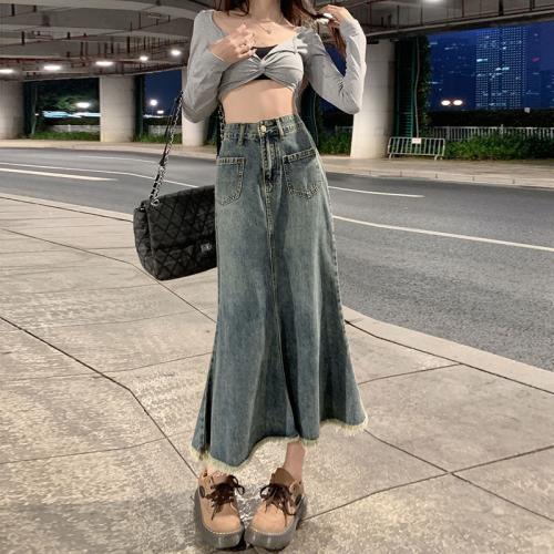 Algodón Falda Maxi, labor de retazos, Sólido, azul, trozo
