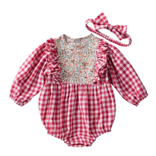 Cotton Slim Crawling Baby Suit & two piece Crawling Baby Suit & Hair Band patchwork plaid Set