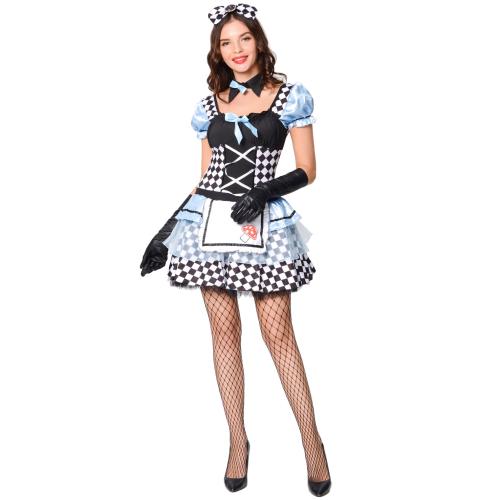 Polyester Women Halloween Cosplay Costume Necktie & hair accessories & dress & glove Solid blue Set