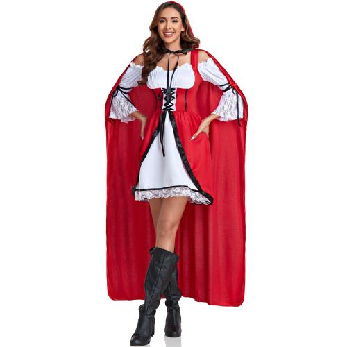 Polyester Women Little Red Riding Hood Costume Cape & dress Solid red Set