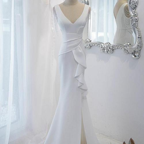 Polyester Plus Size & Mermaid Long Evening Dress side slit patchwork Solid white PC