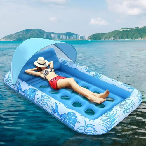 PVC Inflatable Floating Bed portable PVC printed leaf pattern blue PC