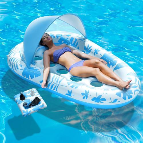 PVC Inflatable & foldable Floating Bed portable printed leaf pattern blue and white PC