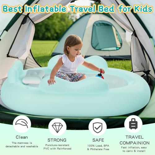 Flocking Fabric PVC Inflatable & foldable Inflatable Bed Mattress for children & portable Solid turquoise blue PC