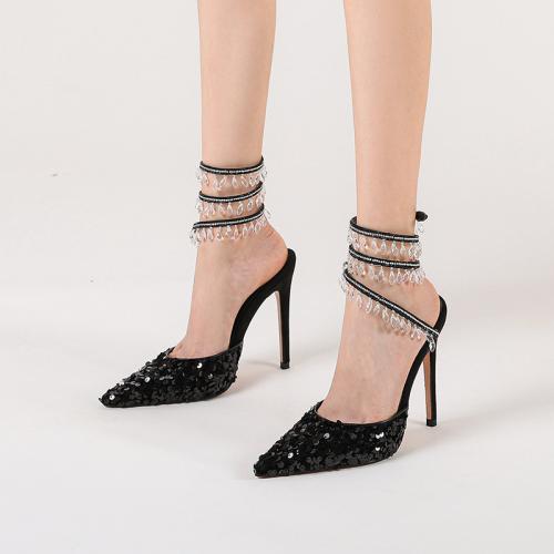 PU Leather Stiletto High-Heeled Shoes & with rhinestone black Pair