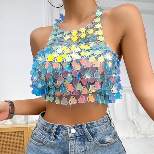 Acryl Ärmelloses Nachtclub-Top, Patchwork, Blau, :, Stück