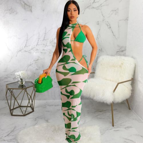 Polyester Slim One-piece Dress see through look & hollow printed green PC