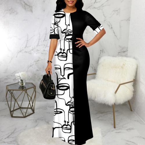Polyester Slim One-piece Dress printed black PC