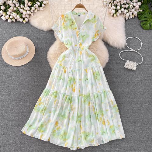 Acrylic Waist-controlled One-piece Dress large hem design & breathable printed : PC