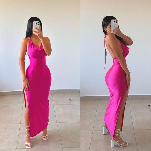 Polyester Slim & High Waist Halter Dress side slit & backless Solid PC