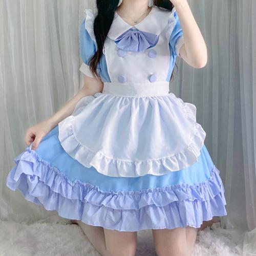 Cotton Sexy Maid Costume patchwork Others blue PC