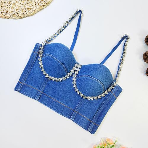 Polyester Camisole midriff-baring & skinny & with rhinestone blue PC