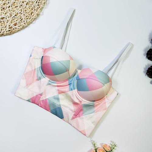 Polyester Camisole midriff-baring & skinny printed plaid pink PC