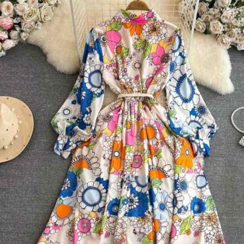 Polyester Slim & High Waist One-piece Dress printed floral mixed colors PC