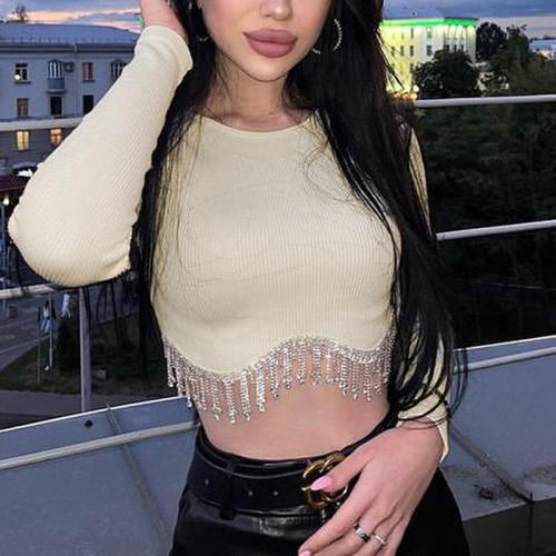 Polyester Women Long Sleeve T-shirt midriff-baring & with rhinestone Solid PC