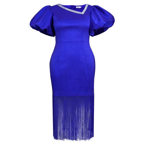 Polyester Slim & Plus Size & Tassels One-piece Dress blue PC