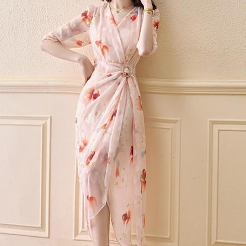 Polyester Slim One-piece Dress side slit printed pink PC