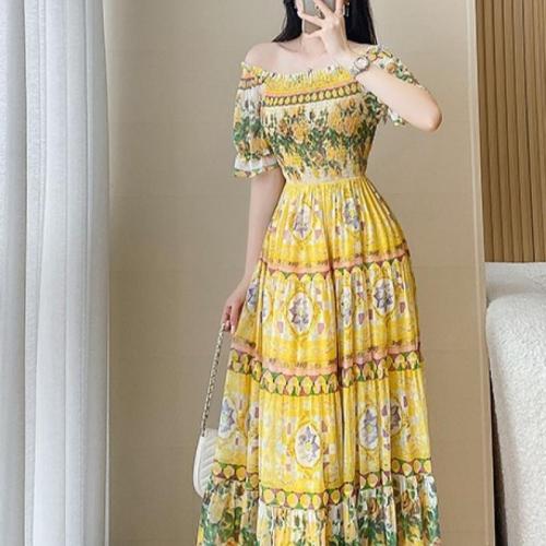 Polyester Slim One-piece Dress & tube printed floral yellow PC