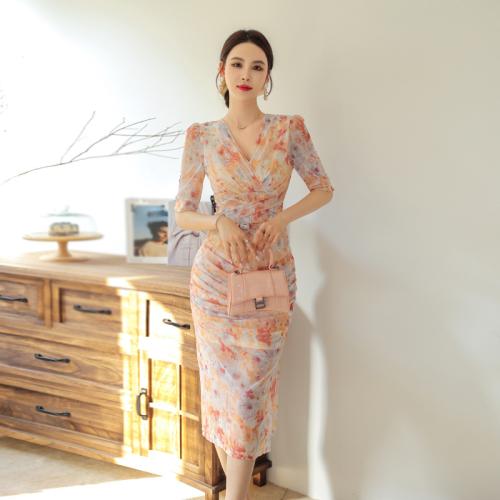 Gauze One-piece Dress slimming & deep V & side slit printed yellow PC