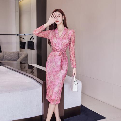 Polyester Slim One-piece Dress deep V printed PC