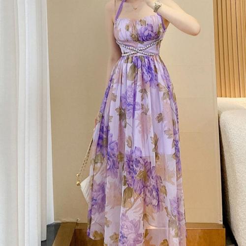 Polyester Slim One-piece Dress printed floral purple PC