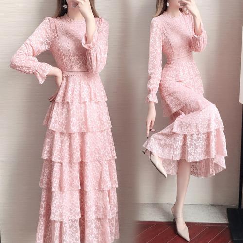 Polyester Slim & Layered One-piece Dress star pattern pink PC