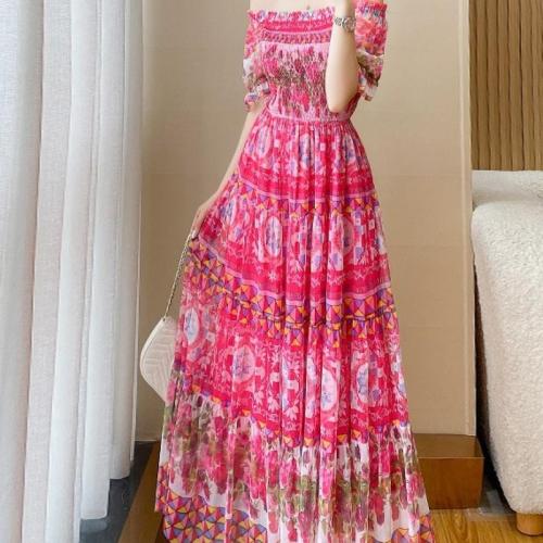 Polyester Slim One-piece Dress & tube printed floral fuchsia PC