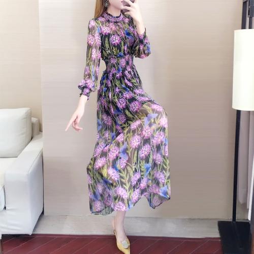 Polyester Slim One-piece Dress printed floral purple PC