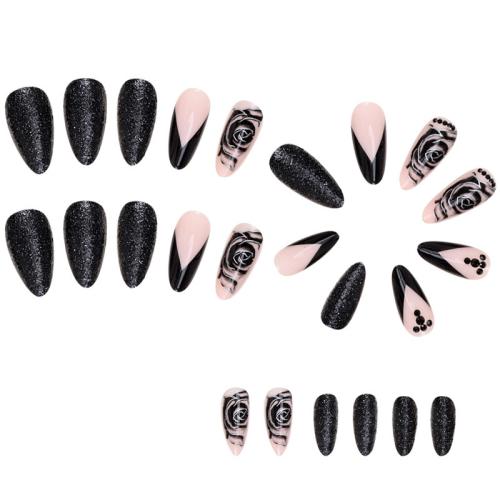 El plastico Uñas postizas, floral, negro, Conjunto